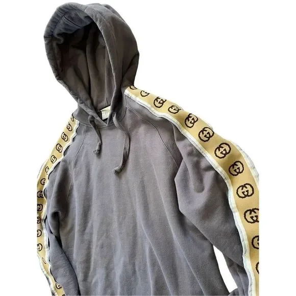 Gucci Interlock G Gray Hoodie With Tan Logo Stripe Sleeve Men’s XXL